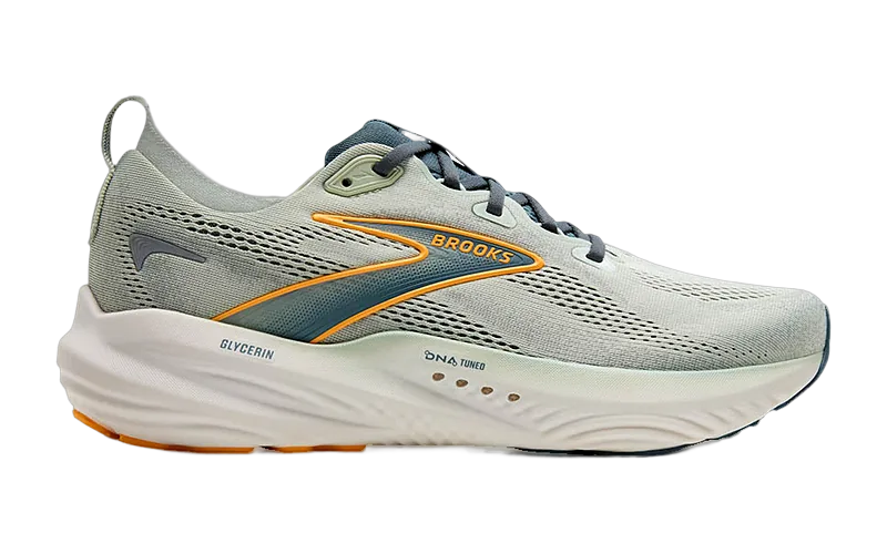 Side view of the Brooks Glycerin 22, showing its cushioned midsole and the base beneath the upper.